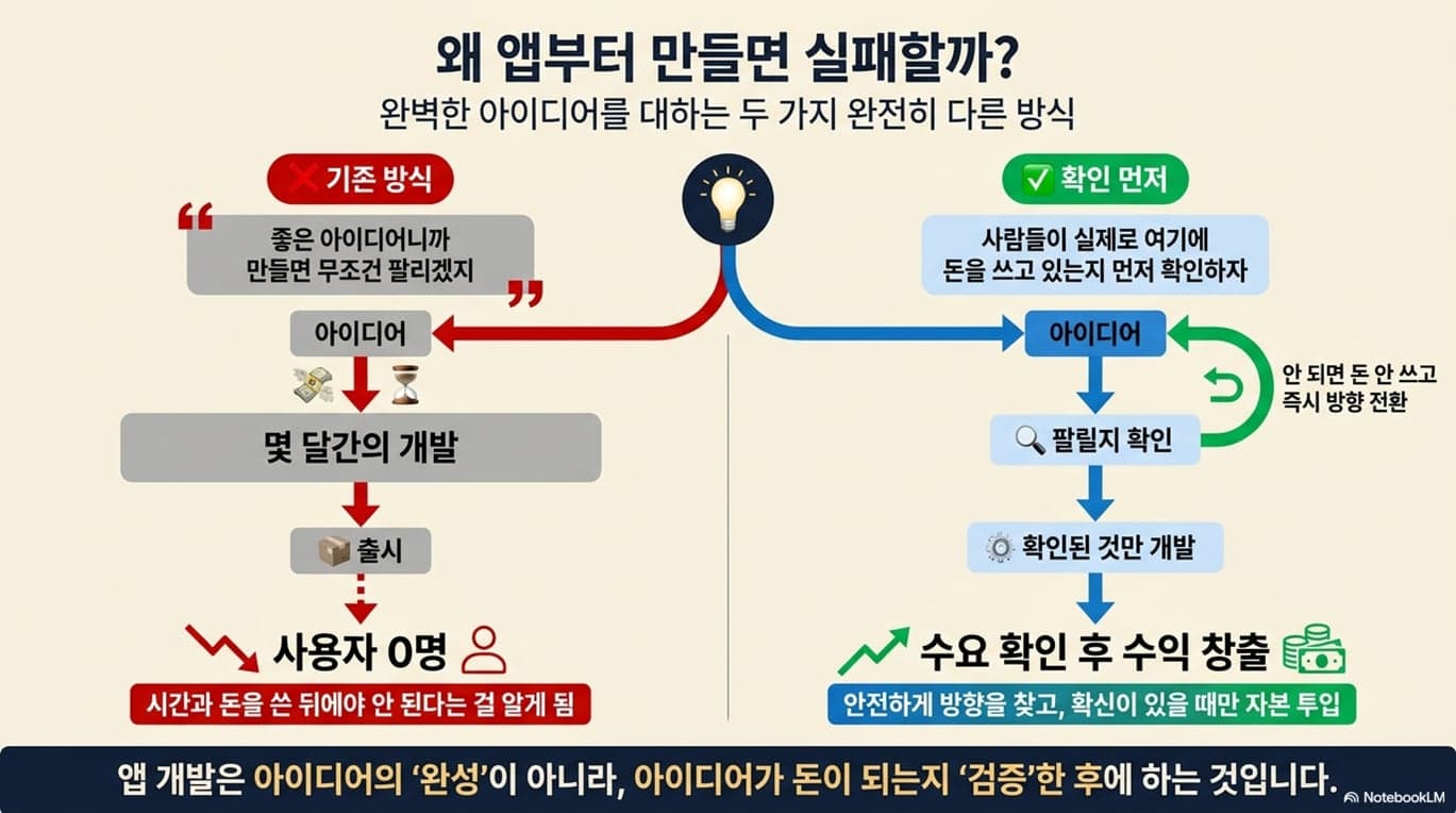 왜 앱부터 만들면 실패할까 — 기존 방식은 아이디어에서 바로 개발하여 사용자 0명, 우리 방식은 수요 확인 후 수익 창출